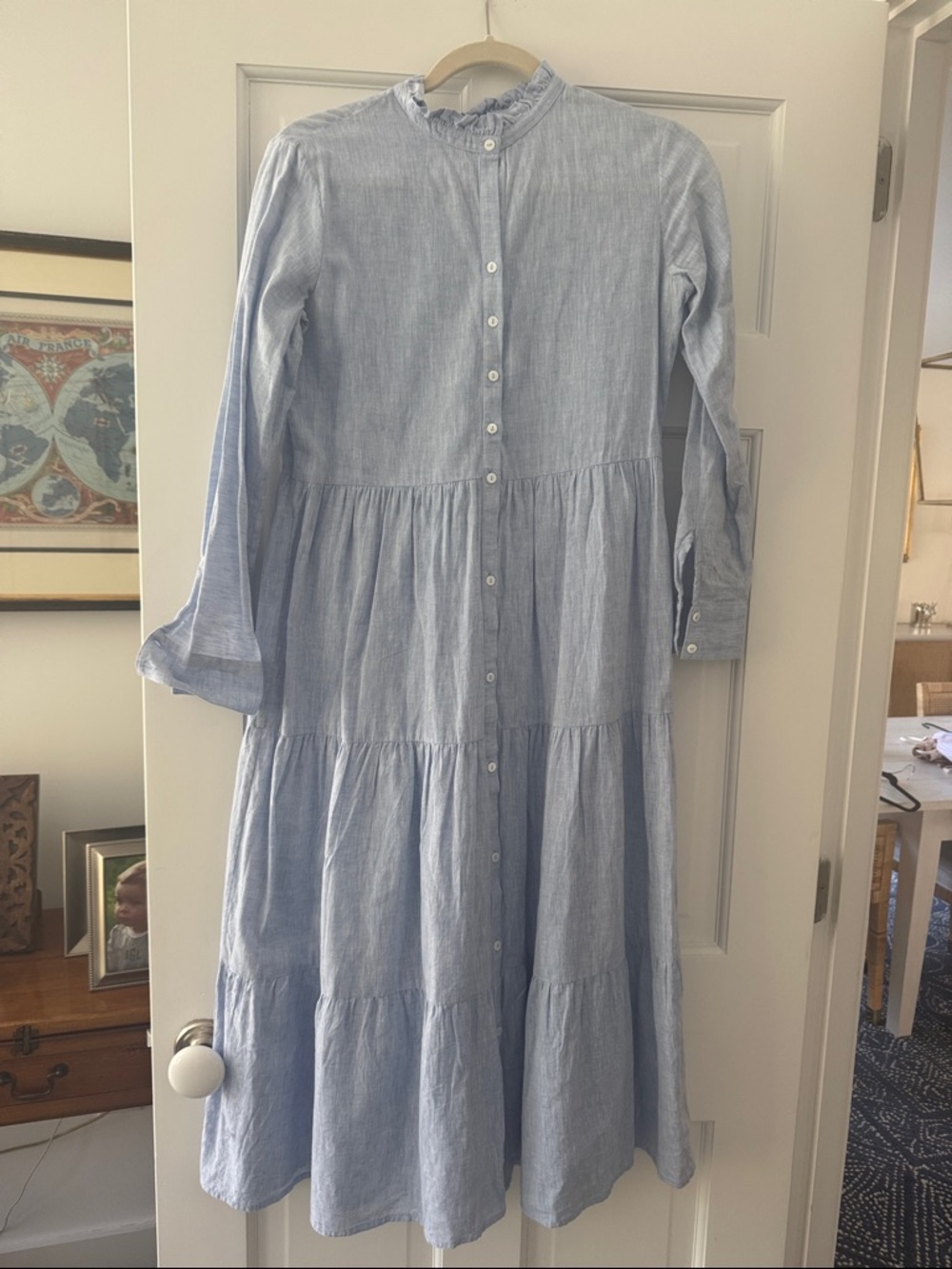 Alice Walk linen Women's Light Blue Long-Sleeve Tiered Button-Up Midi Dress